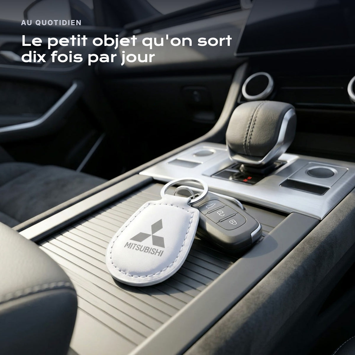 Porte-clés Mitsubishi gravé, accroché à une clé
