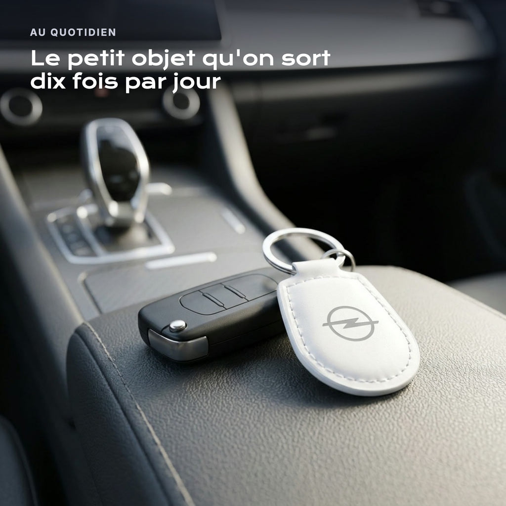Porte-clés Opel gravé, accroché à une clé
