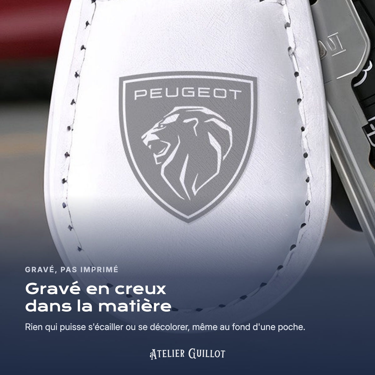 Logo Peugeot gravé au laser dans le simili cuir