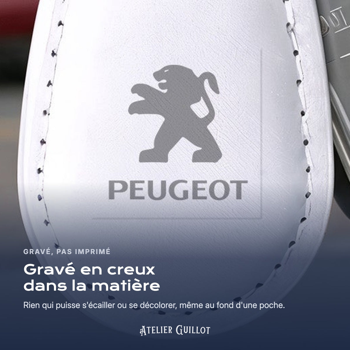 Logo Peugeot gravé au laser dans le simili cuir