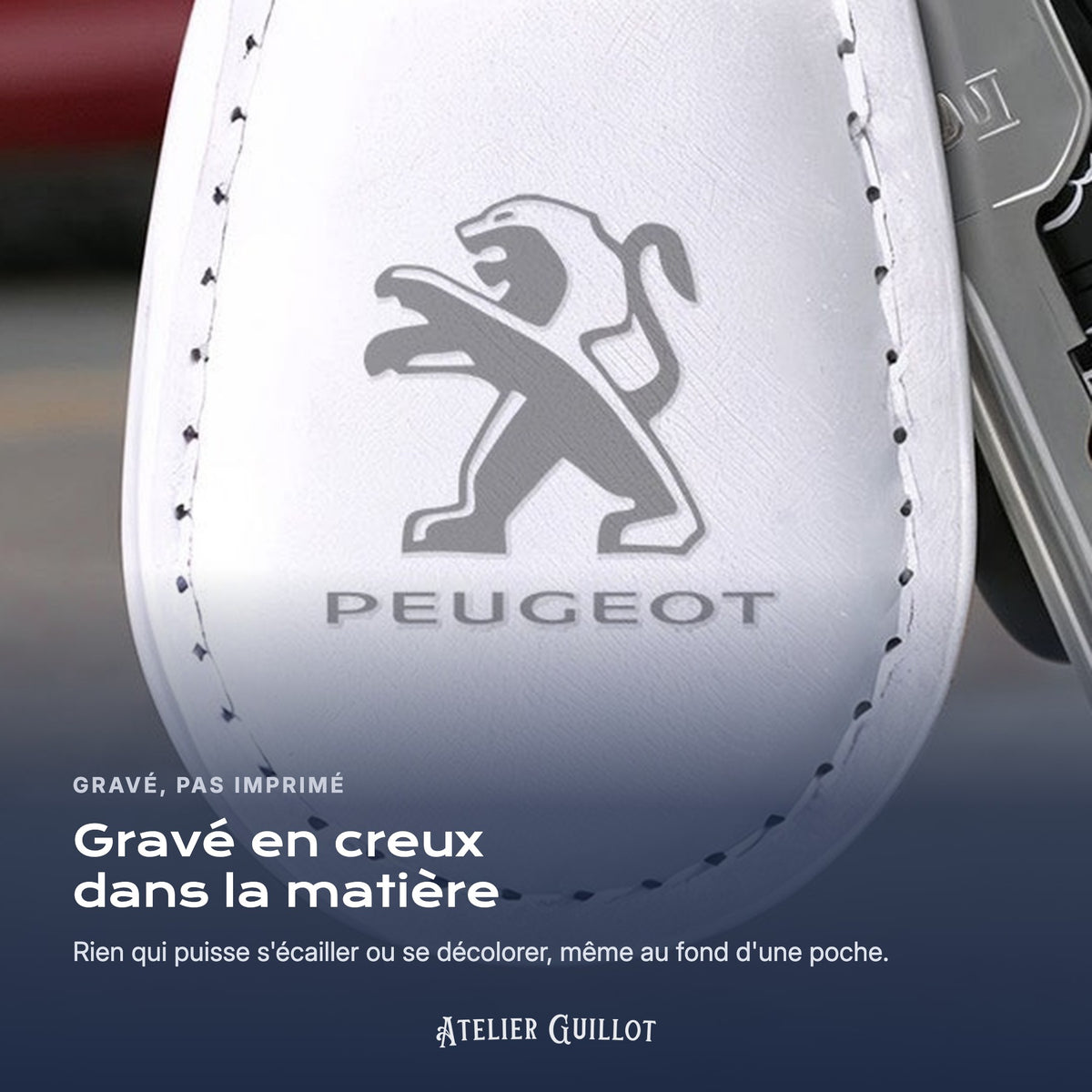 Logo Peugeot gravé au laser dans le simili cuir