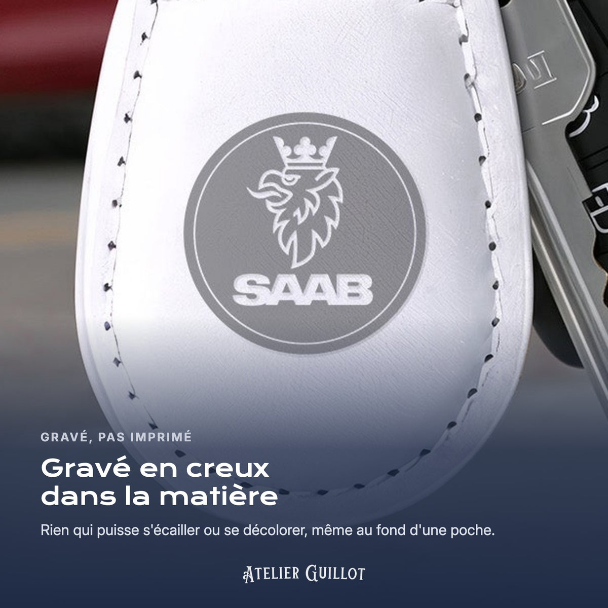 Logo Saab gravé au laser dans le simili cuir
