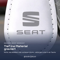 Logo SEAT, per Laser in Kunstleder graviert