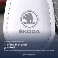 Logo Skoda, per Laser in Kunstleder graviert
