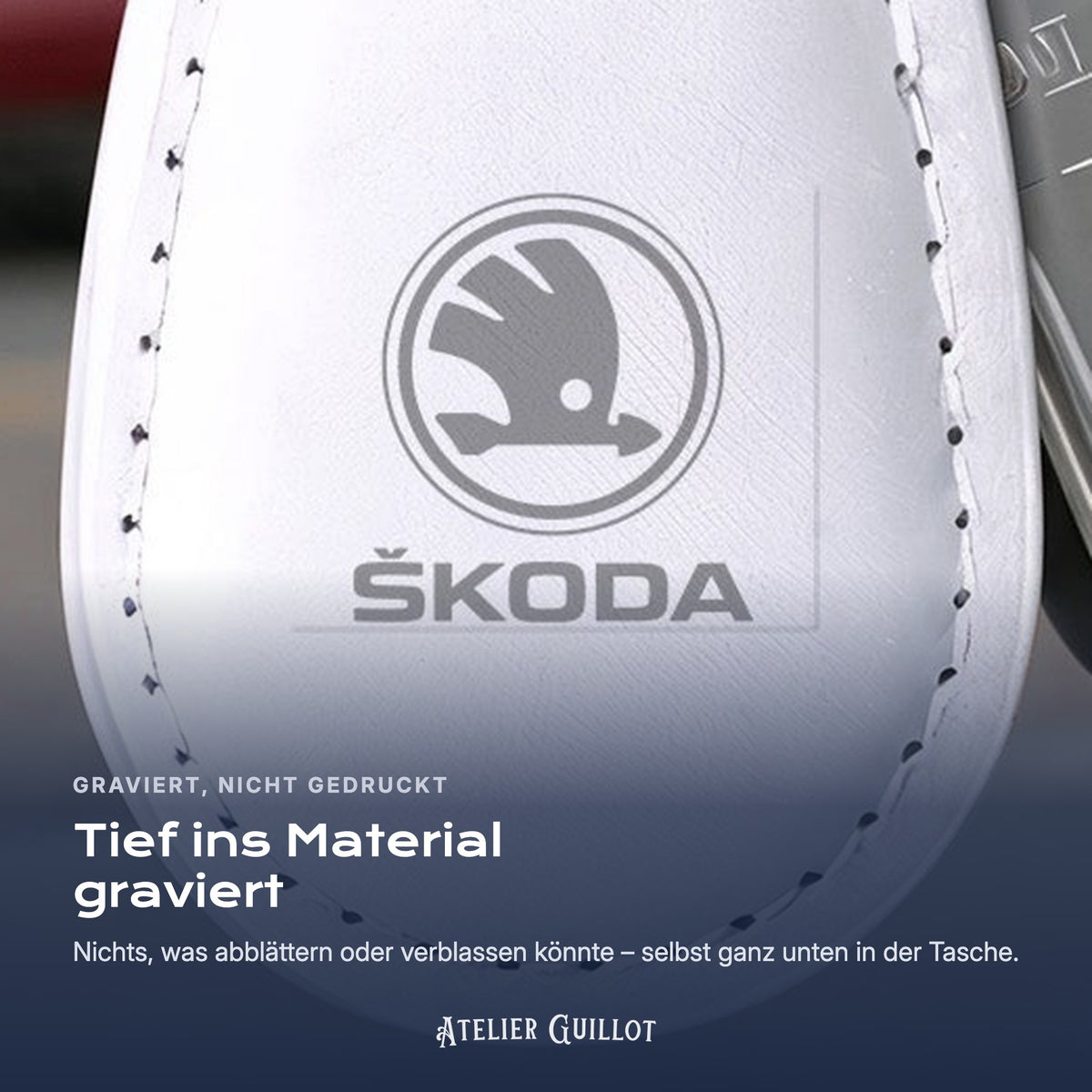 Logo Skoda, per Laser in Kunstleder graviert
