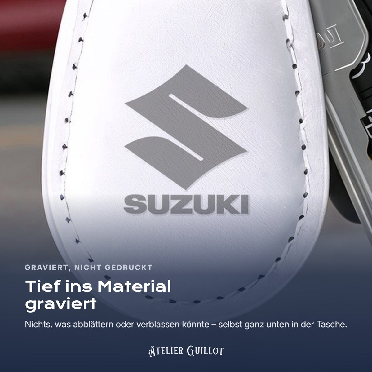 Logo Suzuki, per Laser in Kunstleder graviert