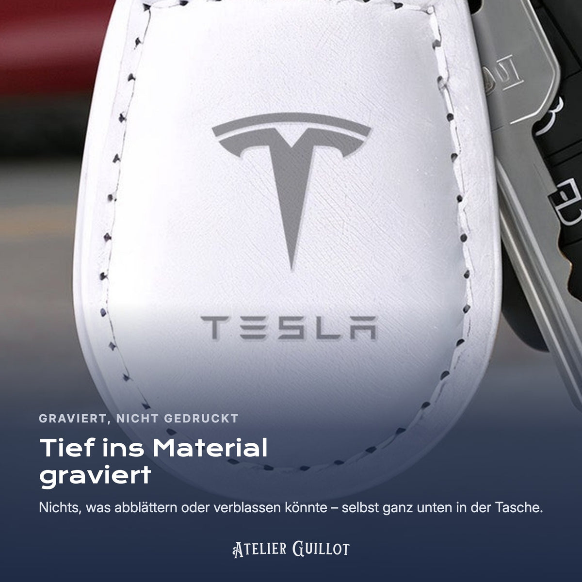 Logo Tesla, per Laser in Kunstleder graviert
