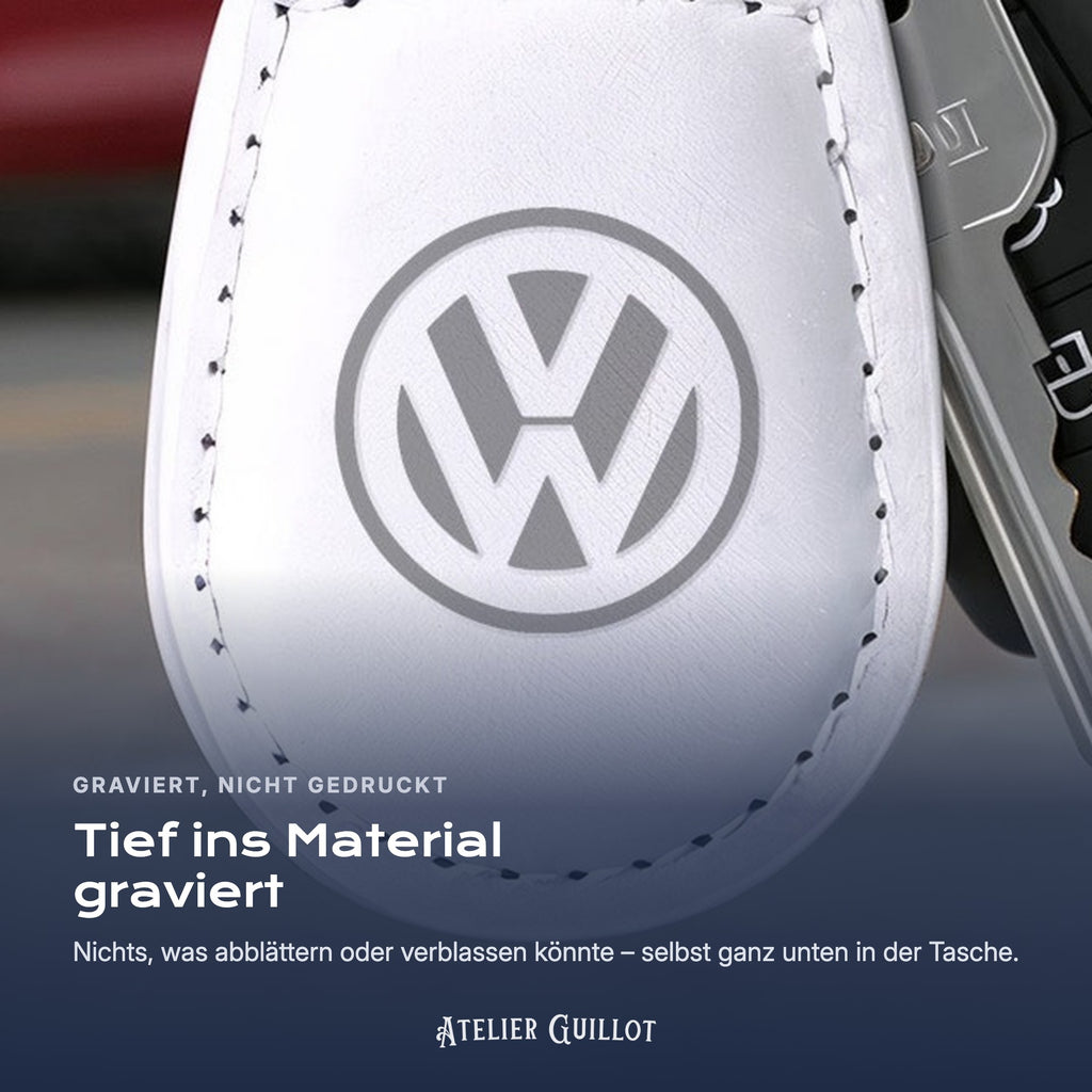 Logo Volkswagen, per Laser in Kunstleder graviert