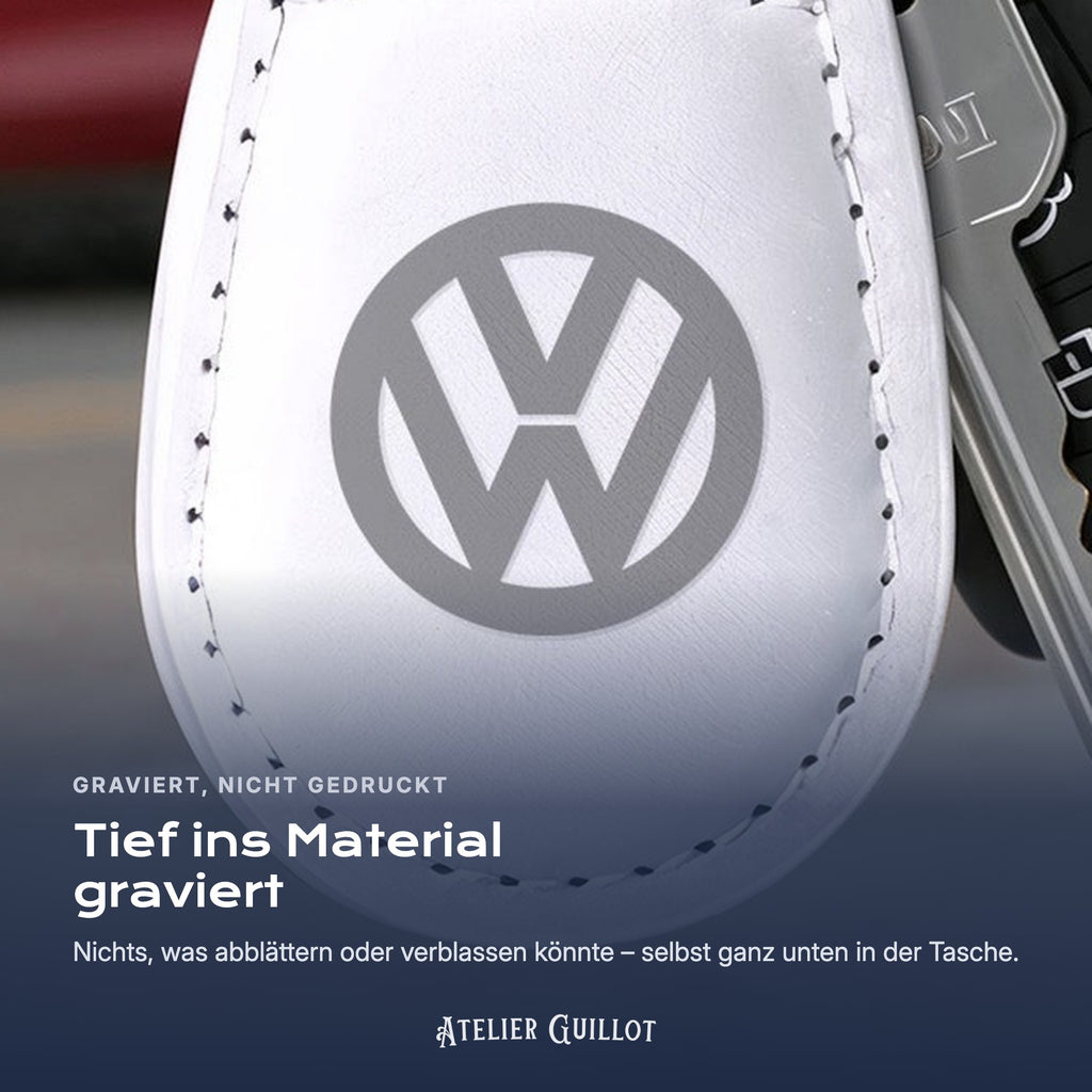 Logo Volkswagen, per Laser in Kunstleder graviert