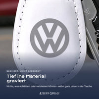 Logo Volkswagen, per Laser in Kunstleder graviert