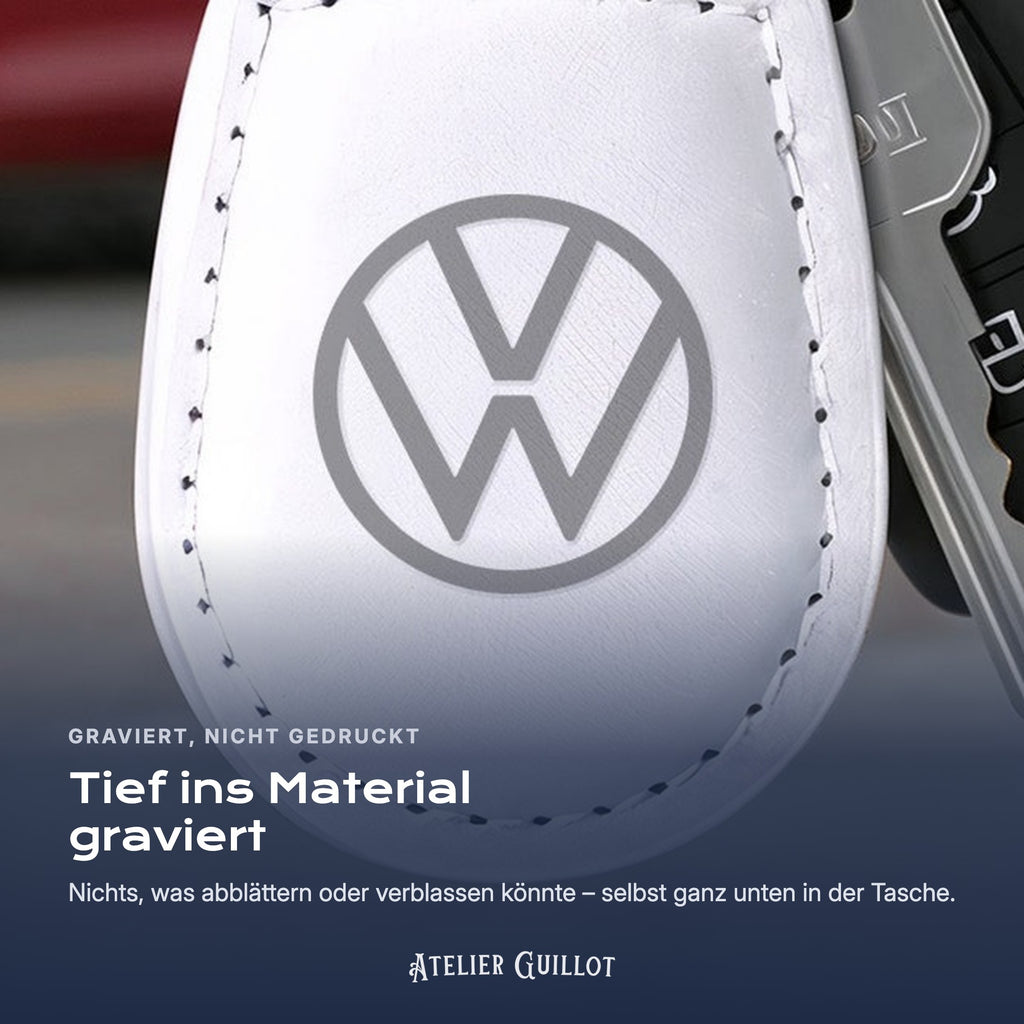 Logo Volkswagen, per Laser in Kunstleder graviert