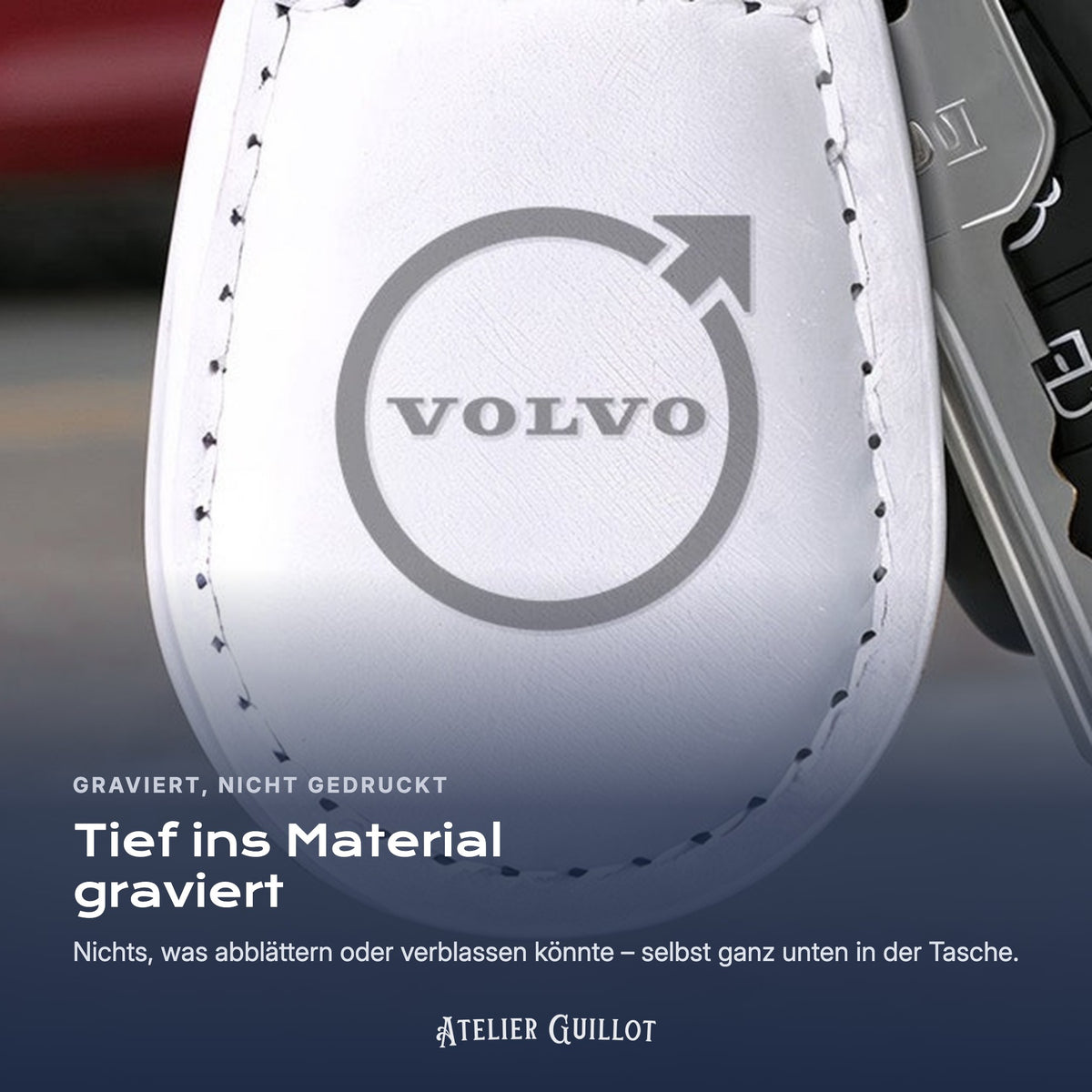 Logo Volvo, per Laser in Kunstleder graviert