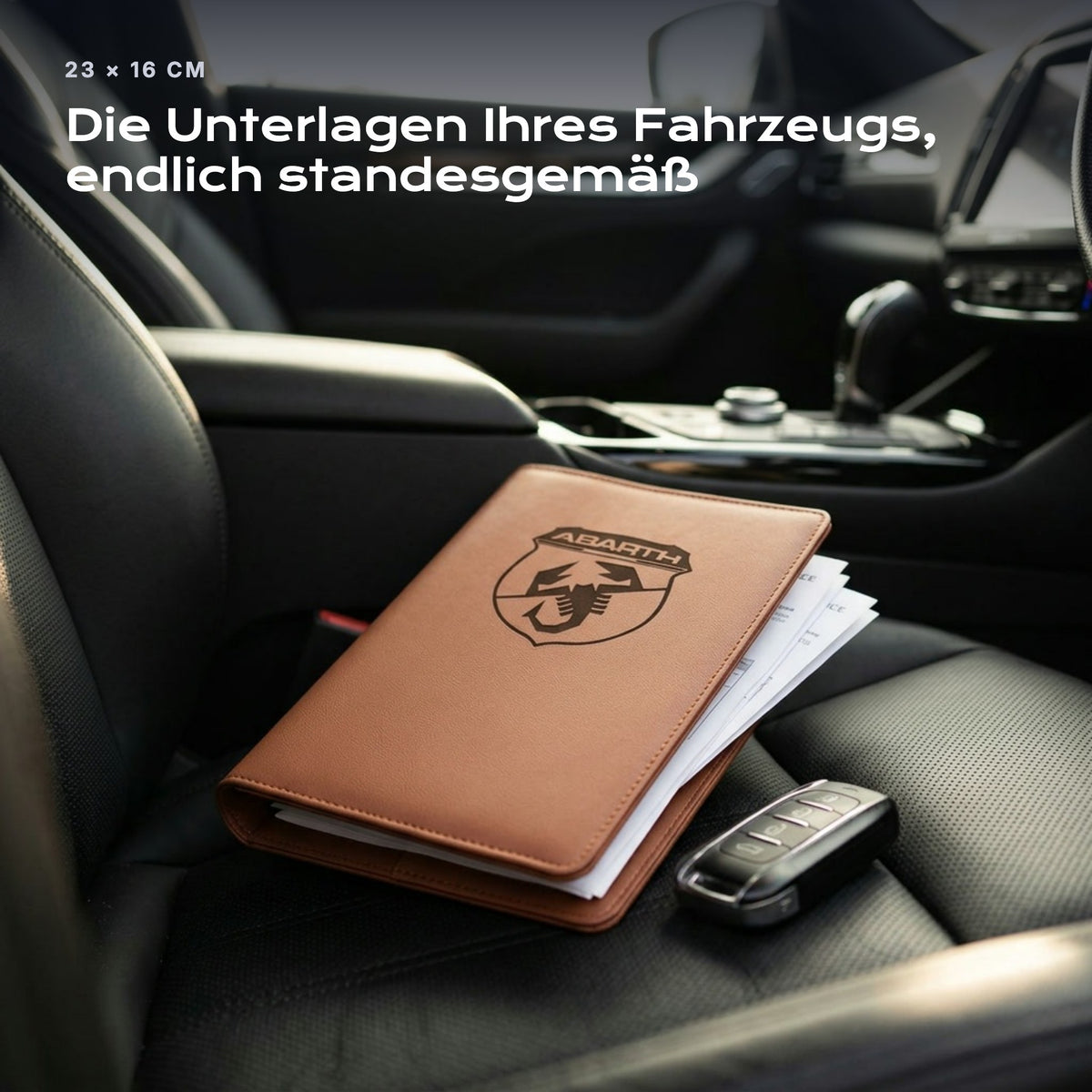 Fahrzeugmappe ABARTH auf einem Autositz, mit Rechnungen