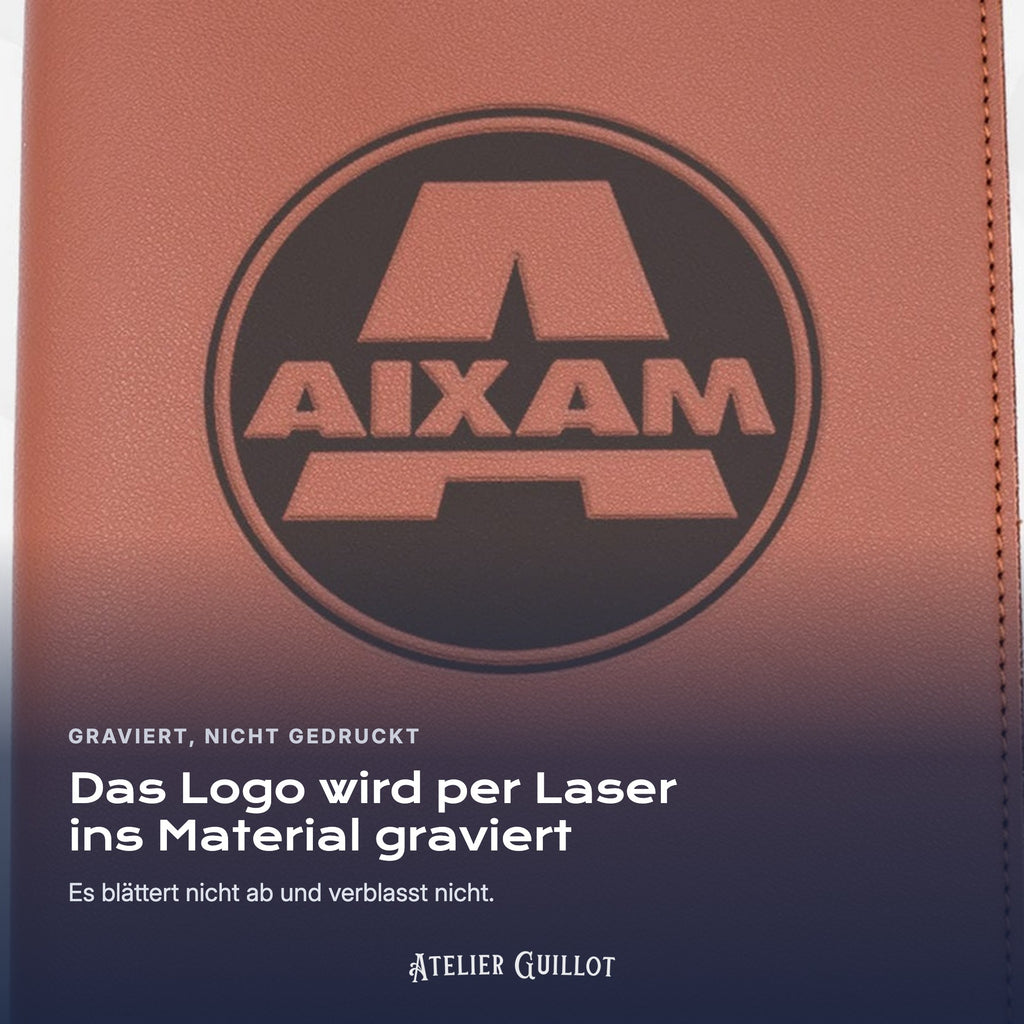 Logo AIXAM, per Laser in Kunstleder graviert