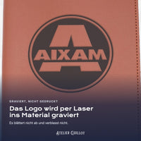 Logo AIXAM, per Laser in Kunstleder graviert
