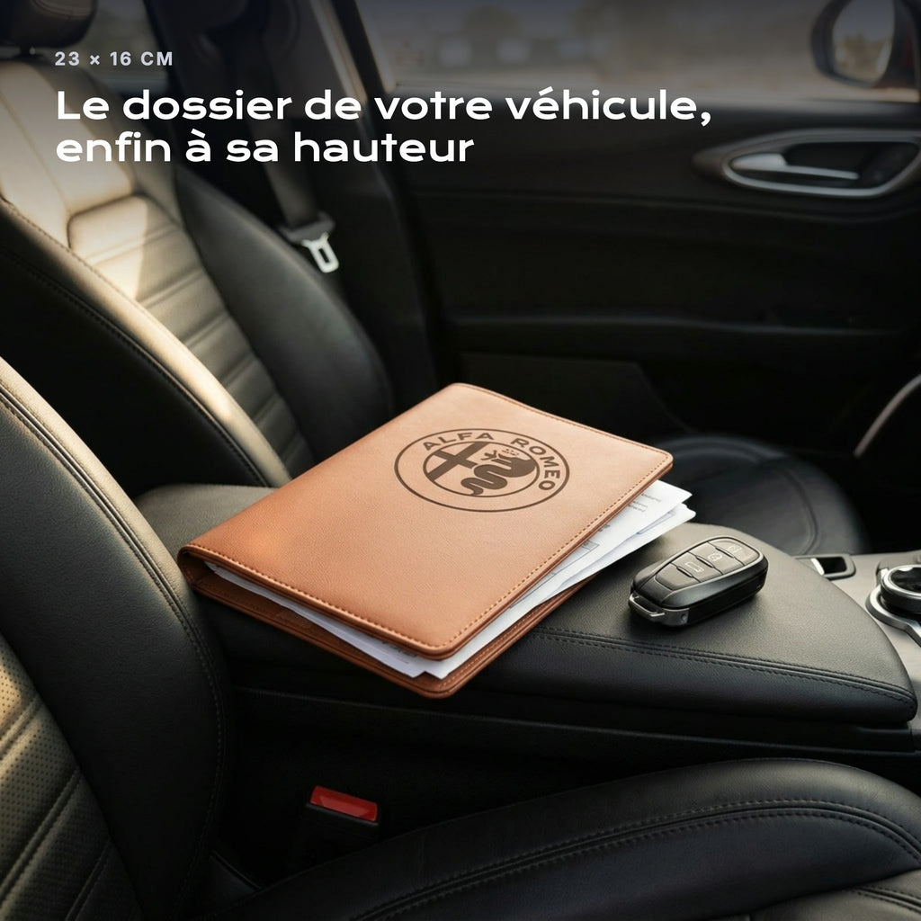 Porte-documents ALFA-ROMEO posé sur un siège, avec des factures