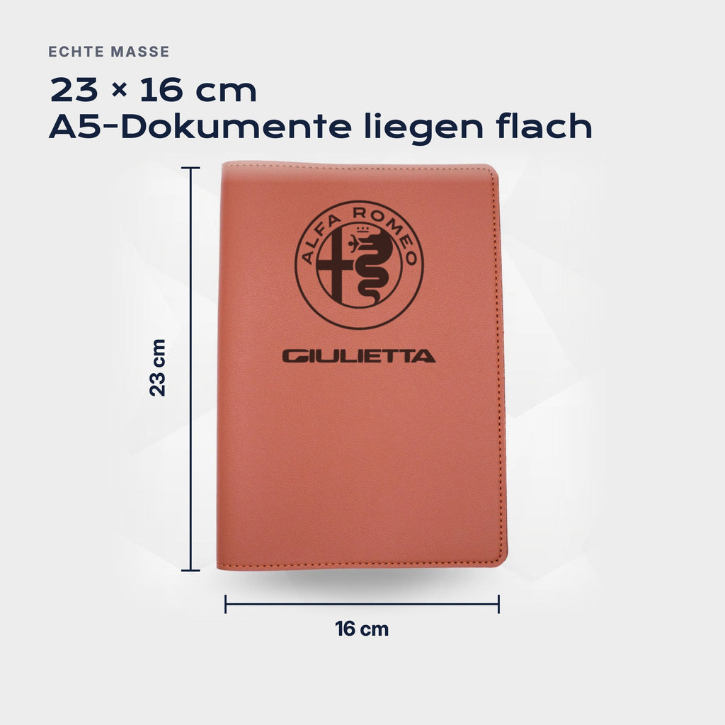 Fahrzeugmappe Alfa Romeo Giulietta von Atelier Guillot: 23 × 16 cm, A5-Dokumente liegen flach