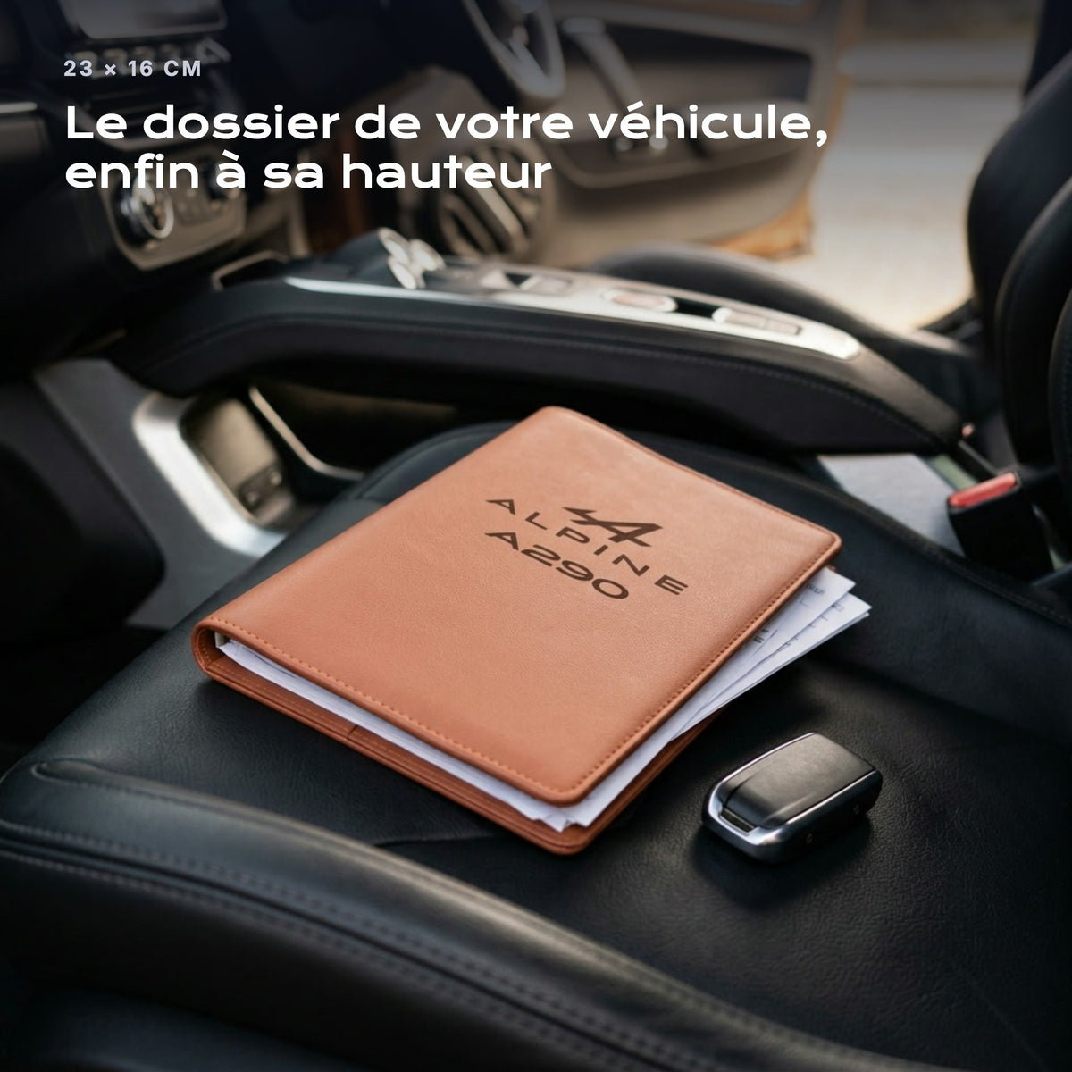 Porte-documents ALPINE A290 posé sur un siège, avec des factures