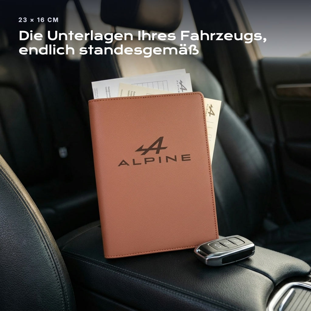 Fahrzeugmappe ALPINE auf einem Autositz, mit Rechnungen