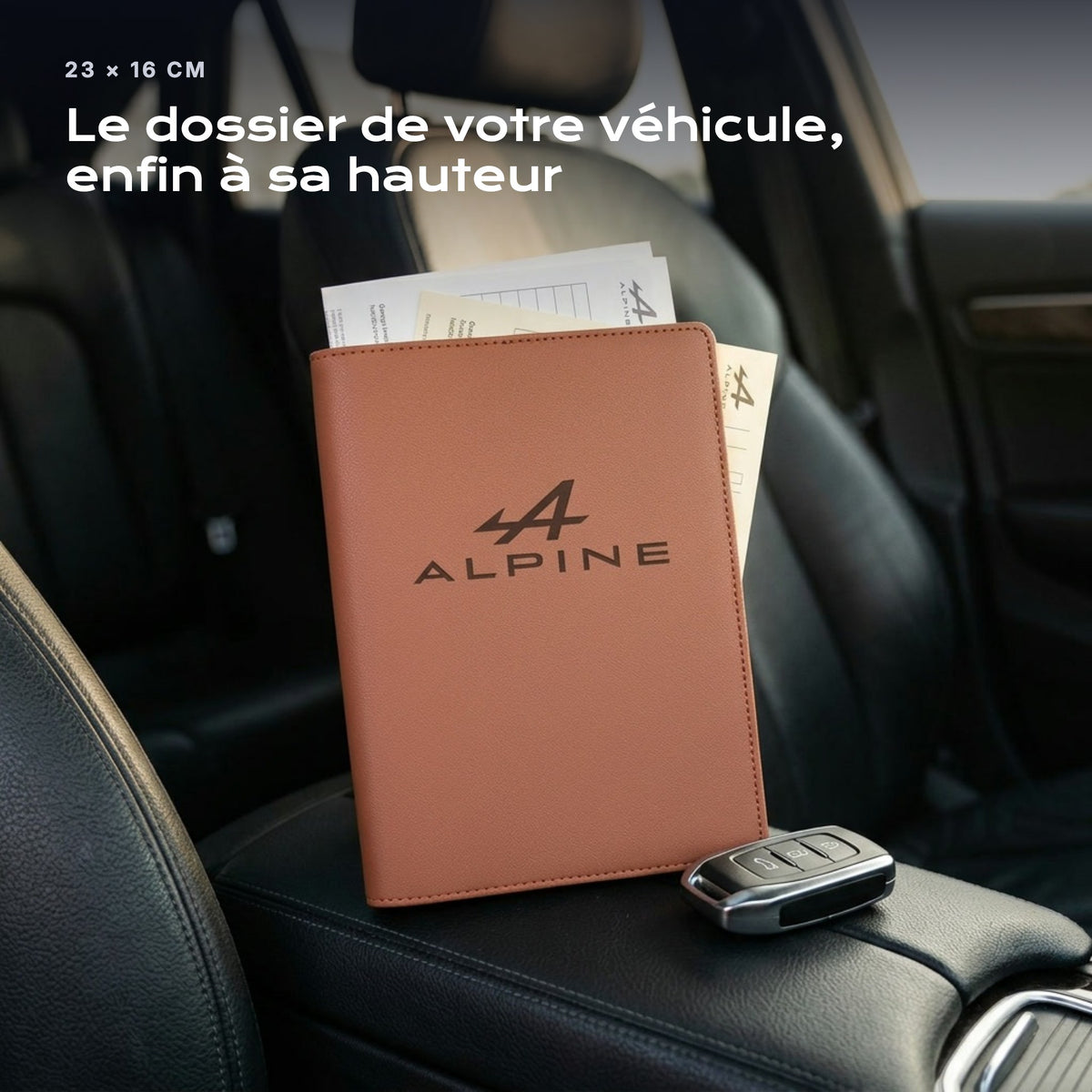 Porte-documents ALPINE posé sur un siège, avec des factures