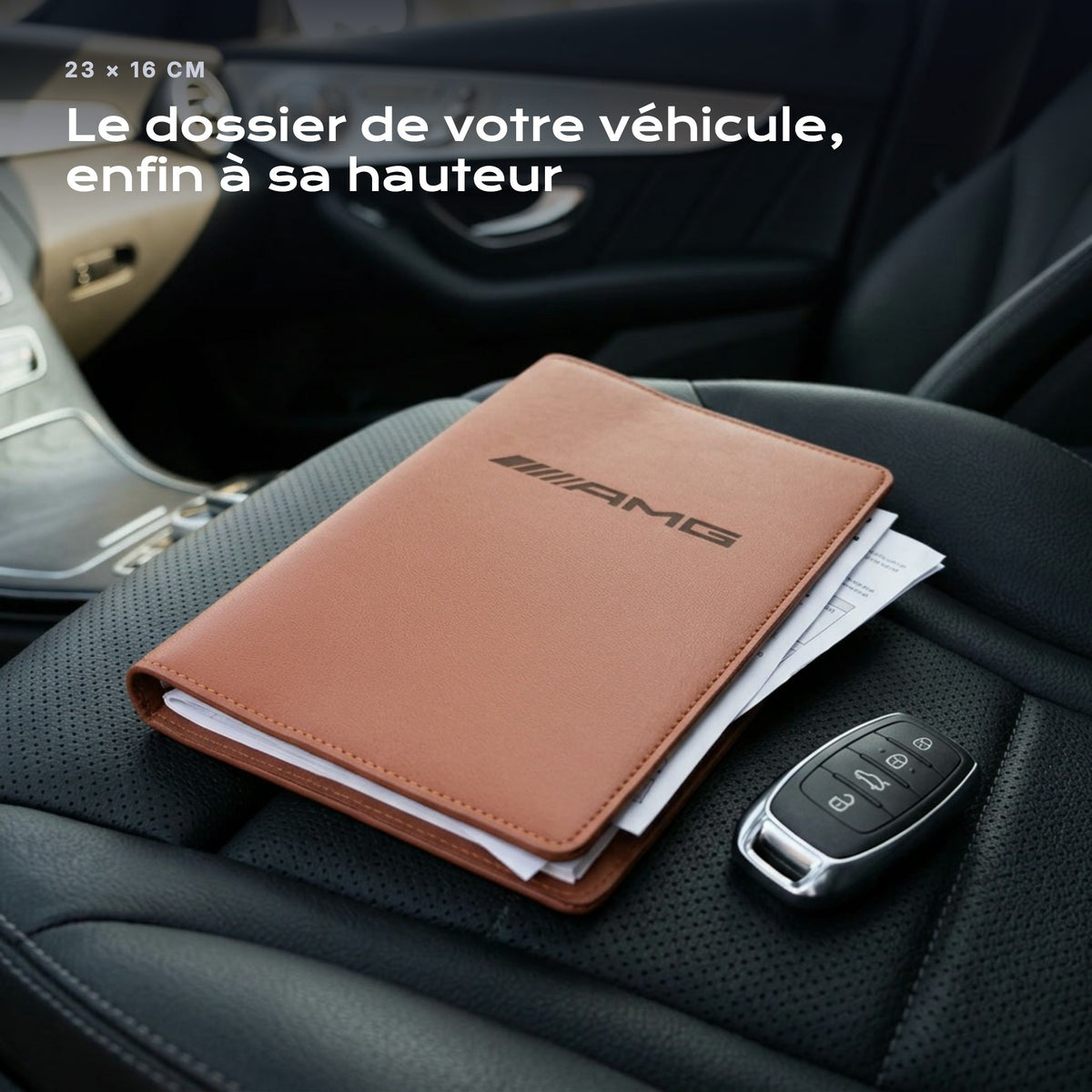 Porte-documents AMG posé sur un siège, avec des factures
