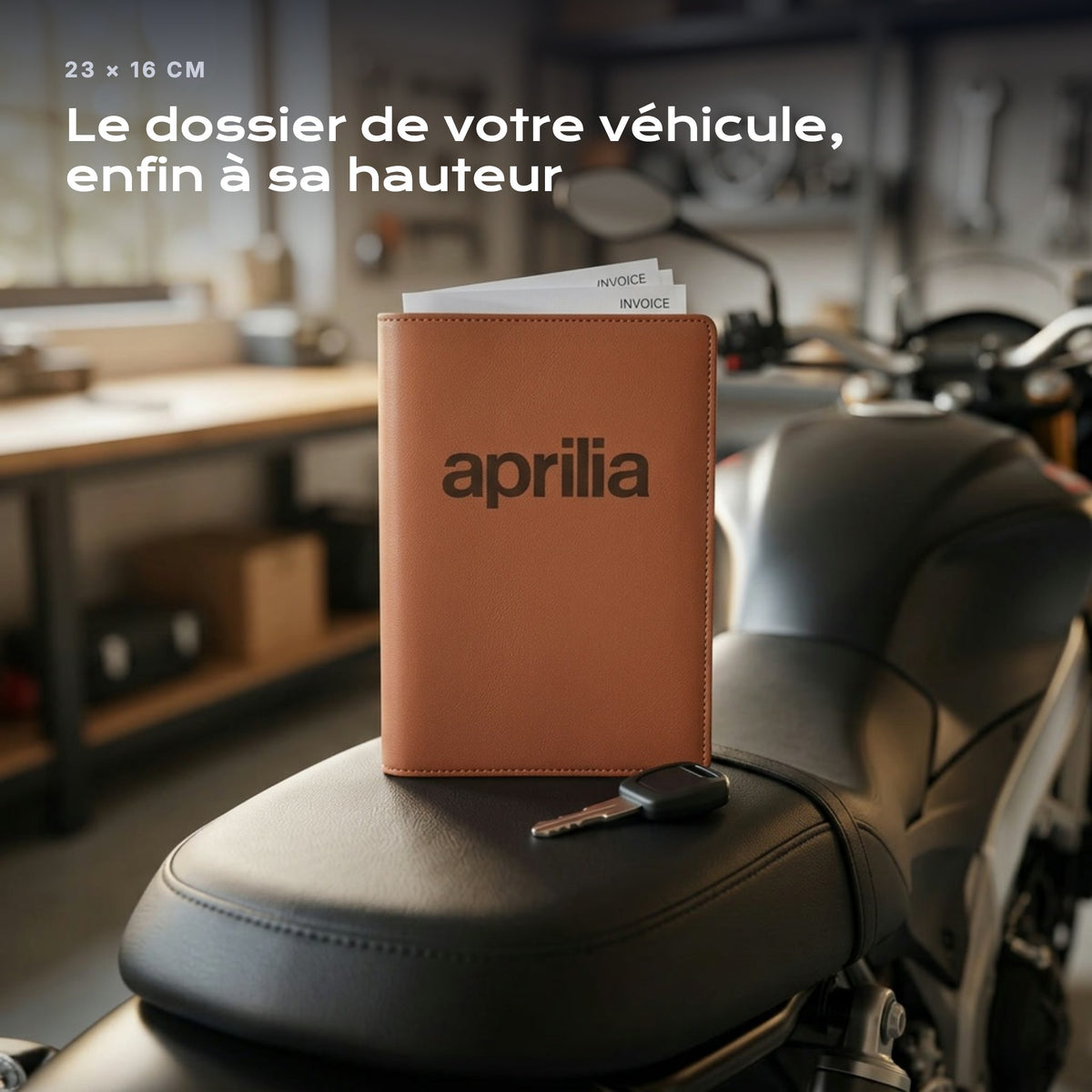 Porte-documents APRILIA posé sur un siège, avec des factures