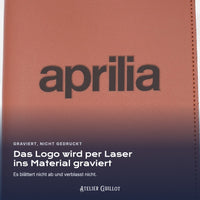Logo APRILIA, per Laser in Kunstleder graviert