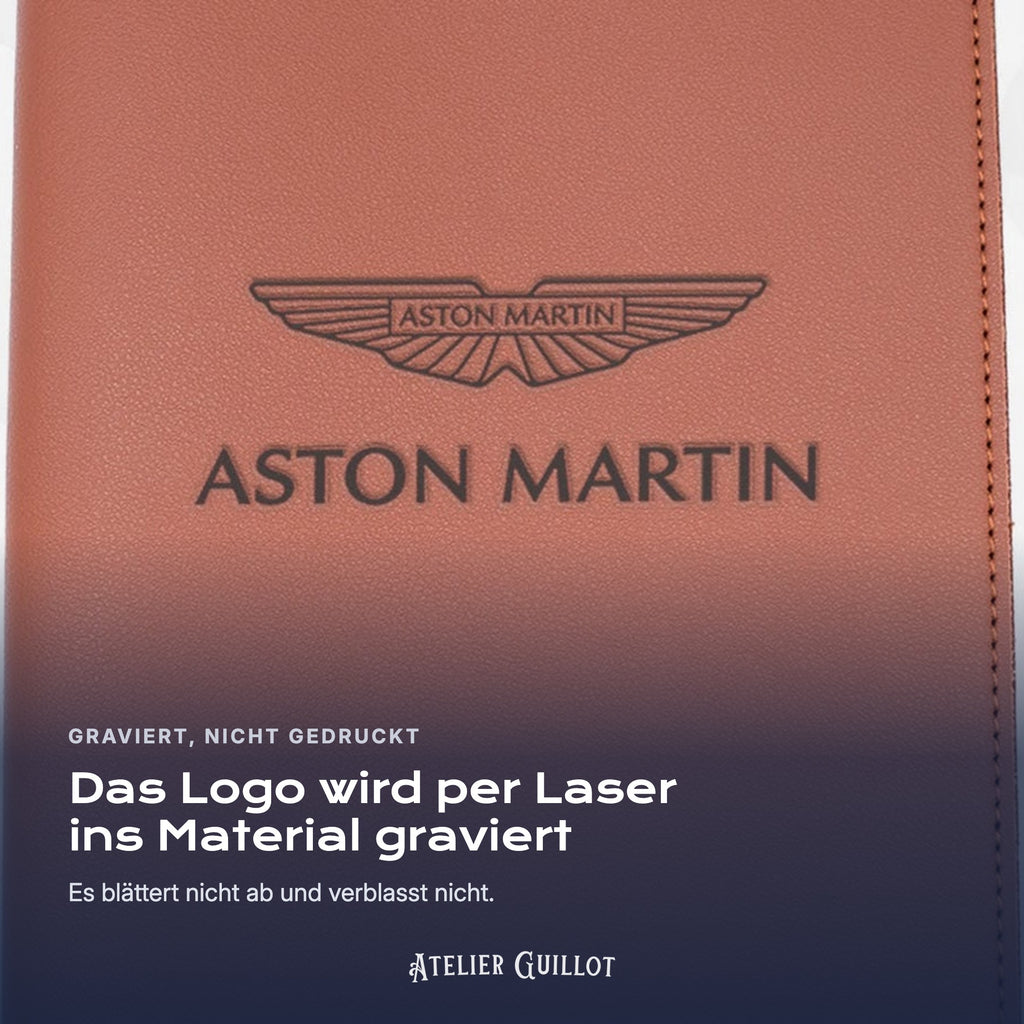 Logo ASTON-MARTIN, per Laser in Kunstleder graviert