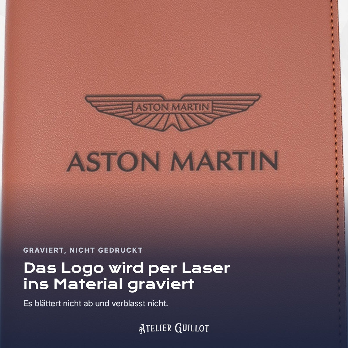 Logo ASTON-MARTIN, per Laser in Kunstleder graviert