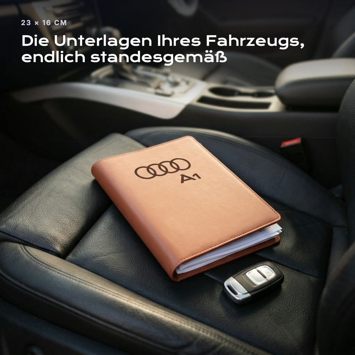 Fahrzeugmappe Audi A1 auf einem Autositz, mit Rechnungen