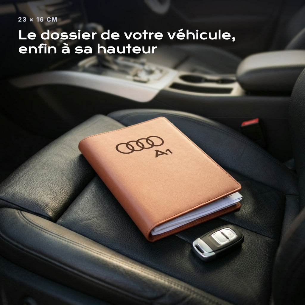 Porte-documents Audi A1 posé sur un siège, avec des factures