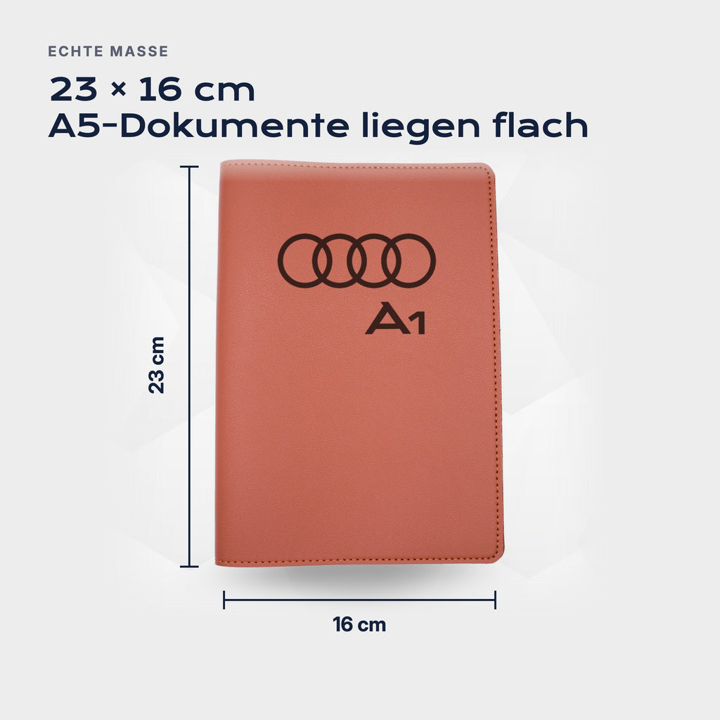 Fahrzeugmappe Audi A1 von Atelier Guillot: 23 × 16 cm, A5-Dokumente liegen flach