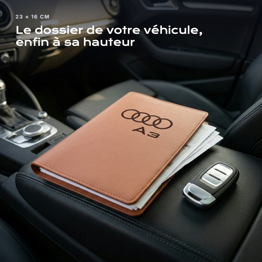 Porte-documents Audi A3 posé sur un siège, avec des factures