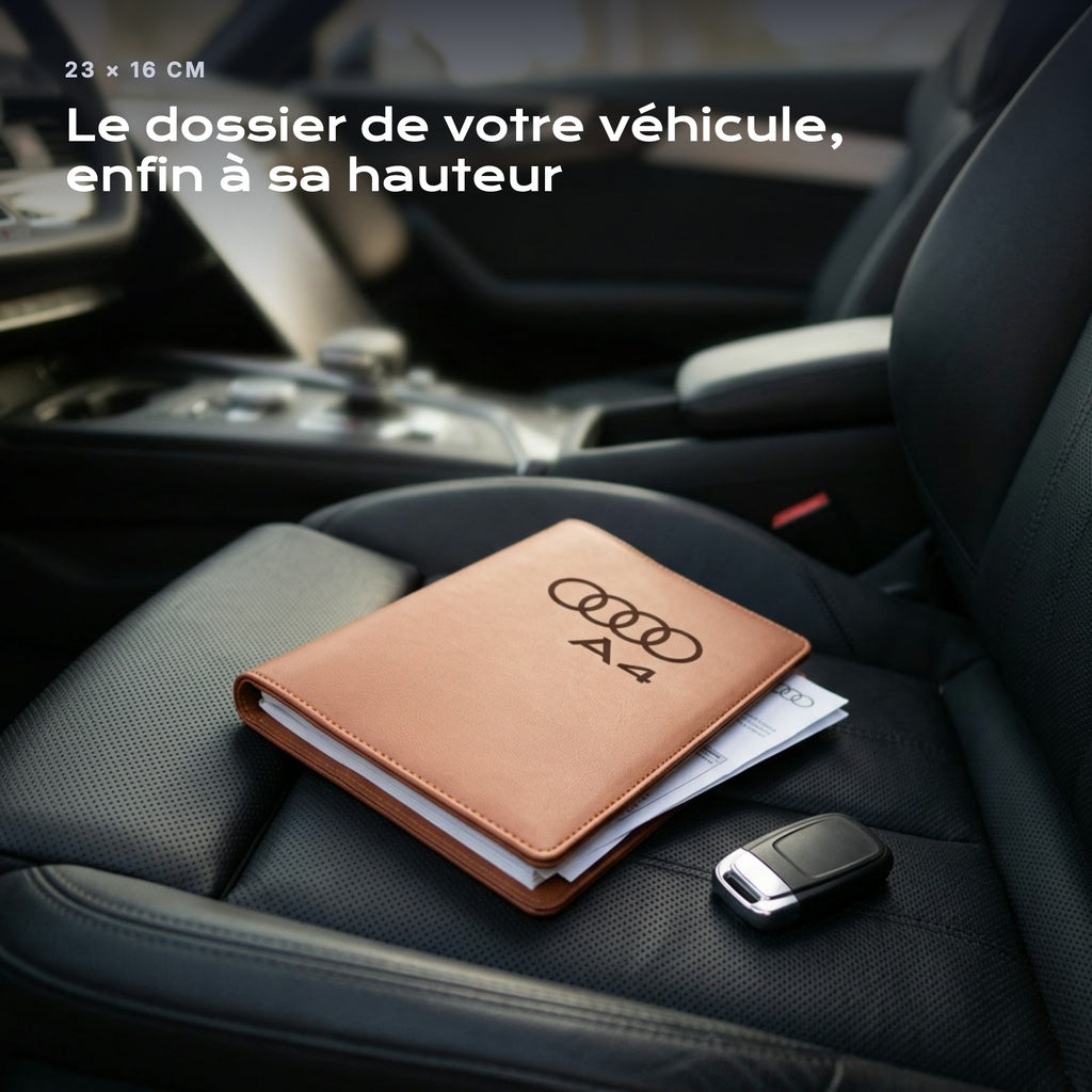 Porte-documents Audi A4 posé sur un siège, avec des factures