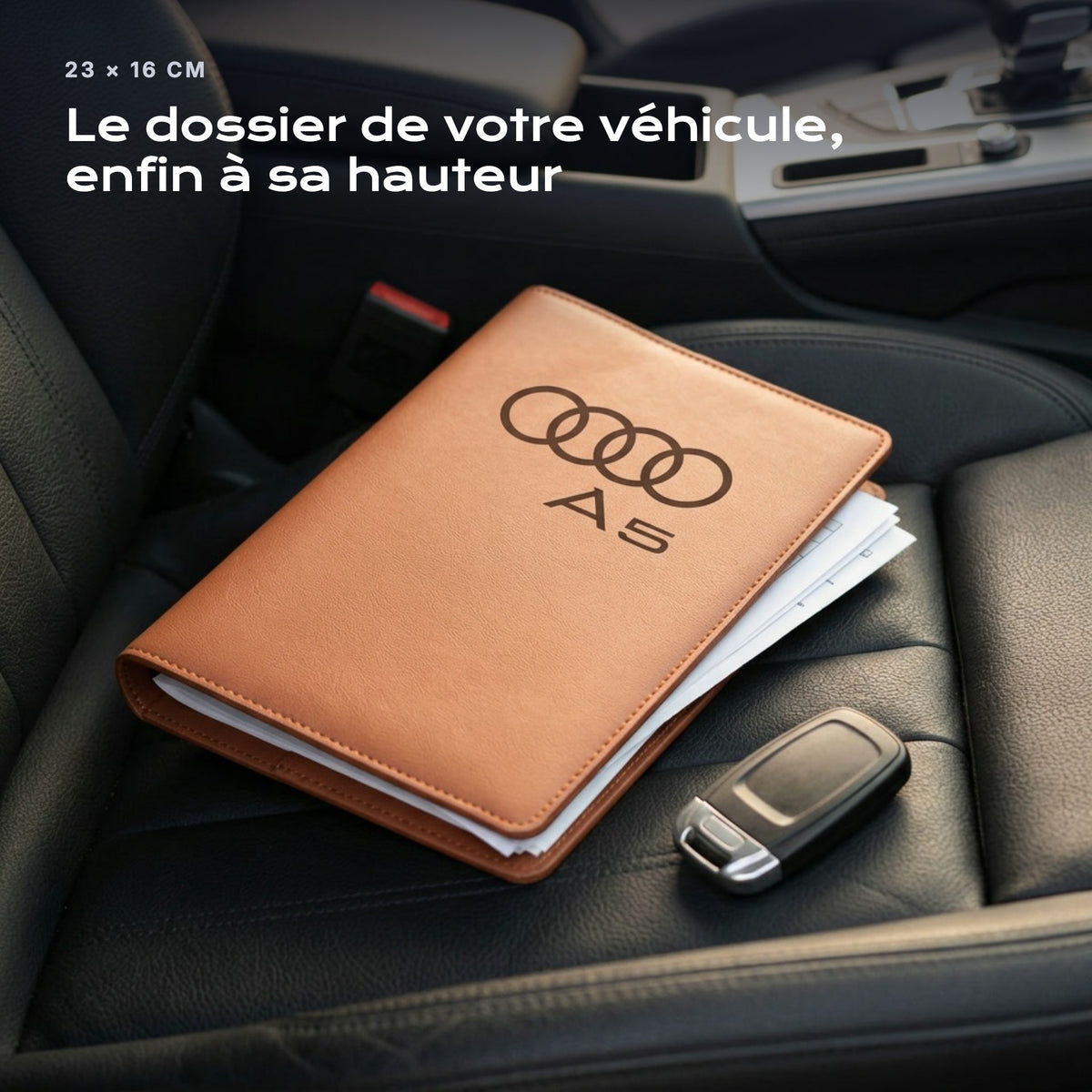 Porte-documents Audi A5 posé sur un siège, avec des factures