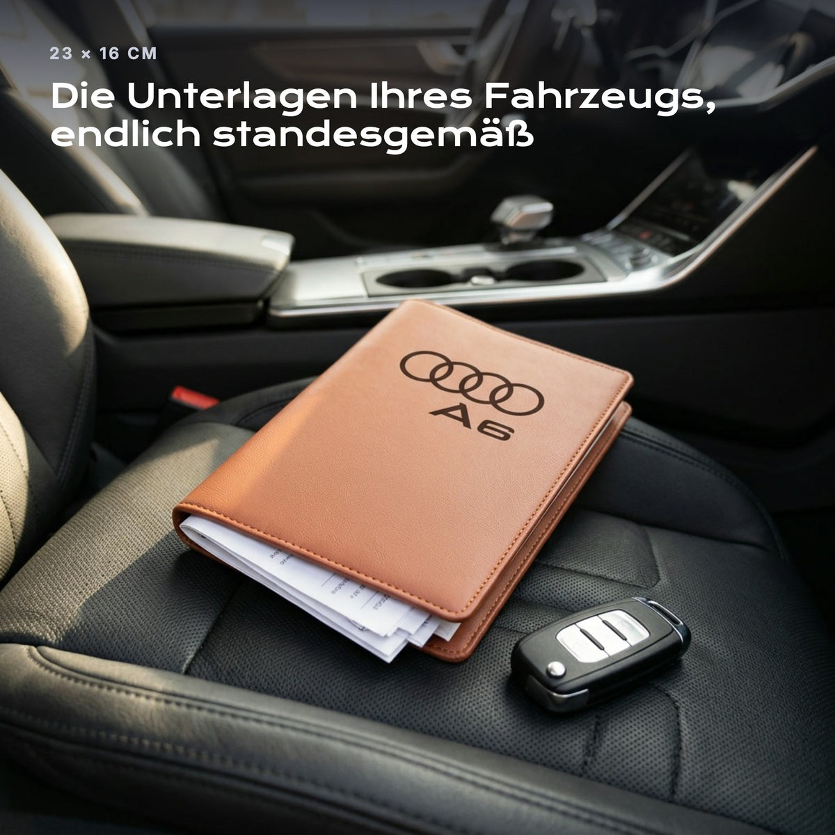 Fahrzeugmappe Audi A6 auf einem Autositz, mit Rechnungen