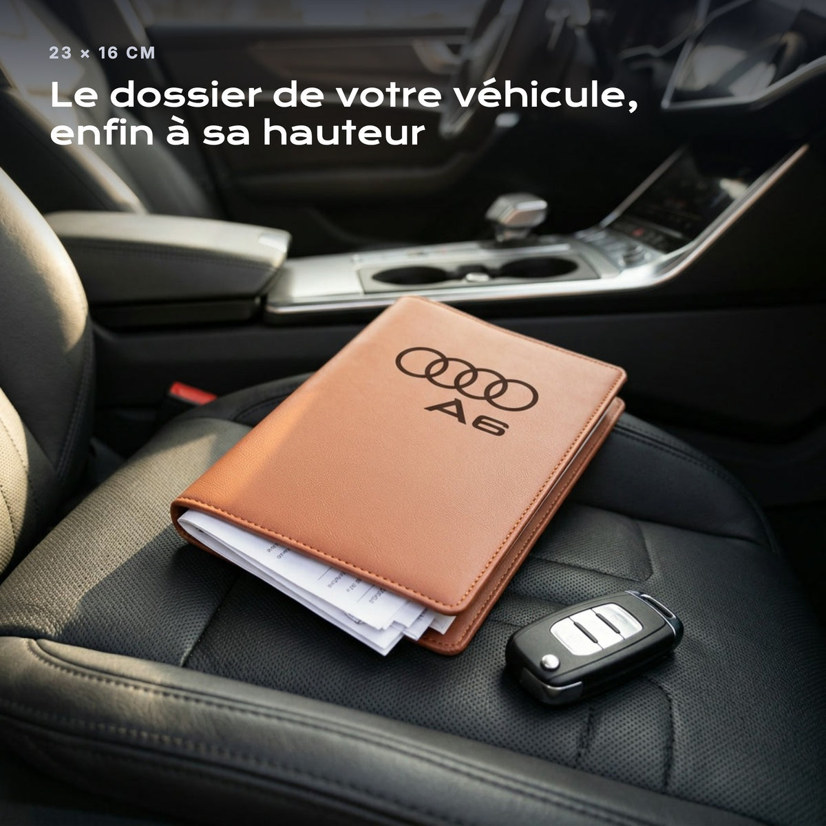 Porte-documents Audi A6 posé sur un siège, avec des factures