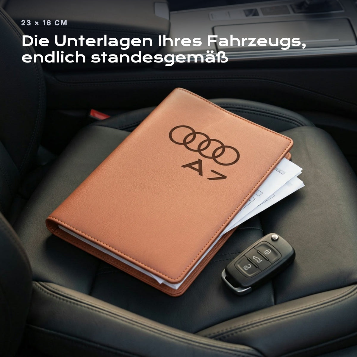 Fahrzeugmappe Audi A7 auf einem Autositz, mit Rechnungen