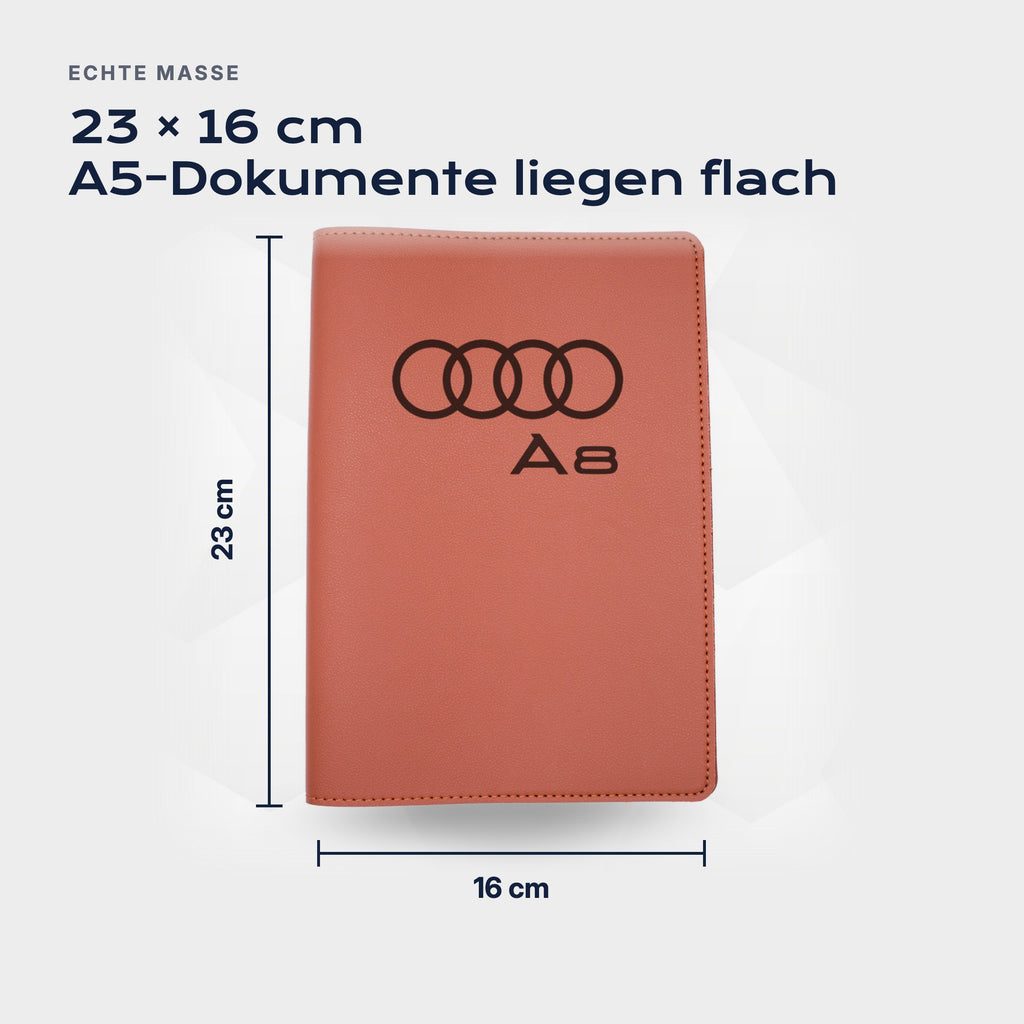 Fahrzeugmappe Audi A8 von Atelier Guillot: 23 × 16 cm, A5-Dokumente liegen flach