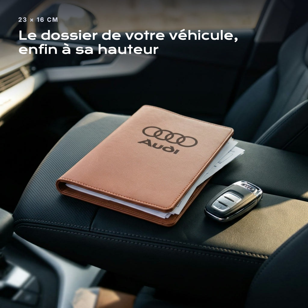 Porte-documents AUDI posé sur un siège, avec des factures