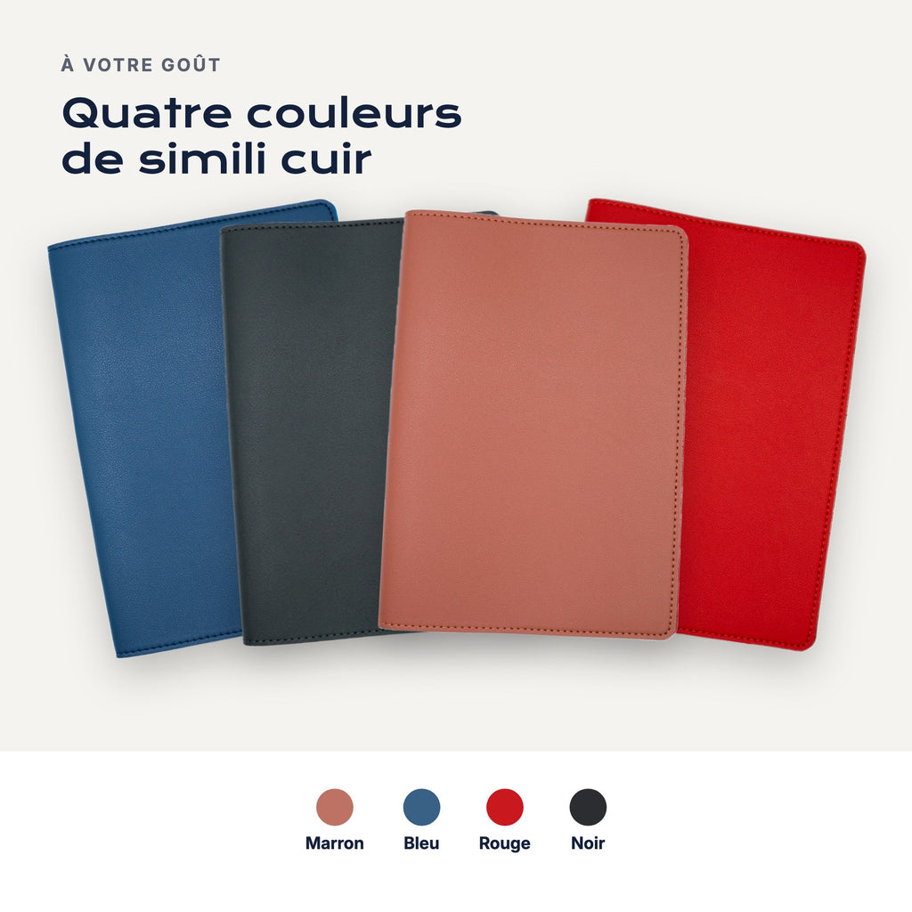 Quatre couleurs de simili cuir : marron, bleu, rouge, noir
