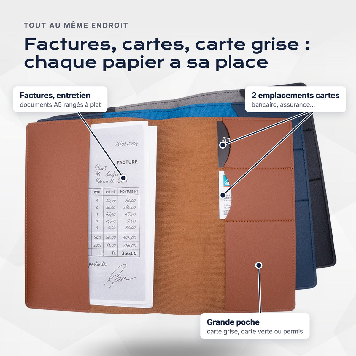 Intérieur du porte-documents : factures A5, 2 emplacements cartes, grande poche pour la carte grise