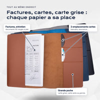 Intérieur du porte-documents : factures A5, 2 emplacements cartes, grande poche pour la carte grise
