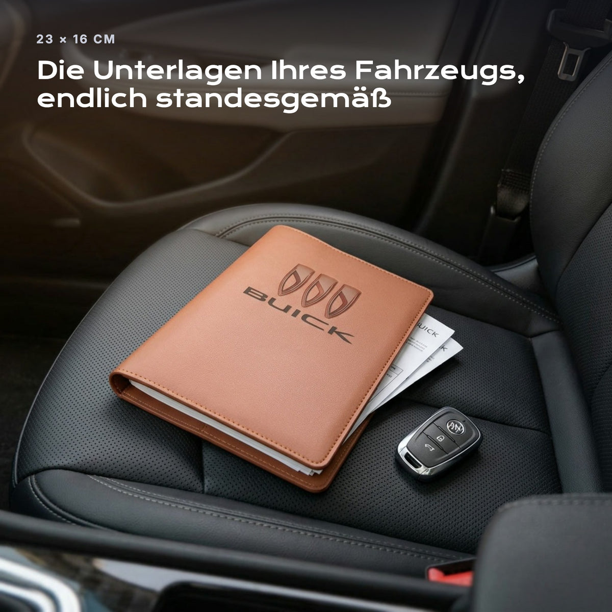 Fahrzeugmappe BUICK auf einem Autositz, mit Rechnungen