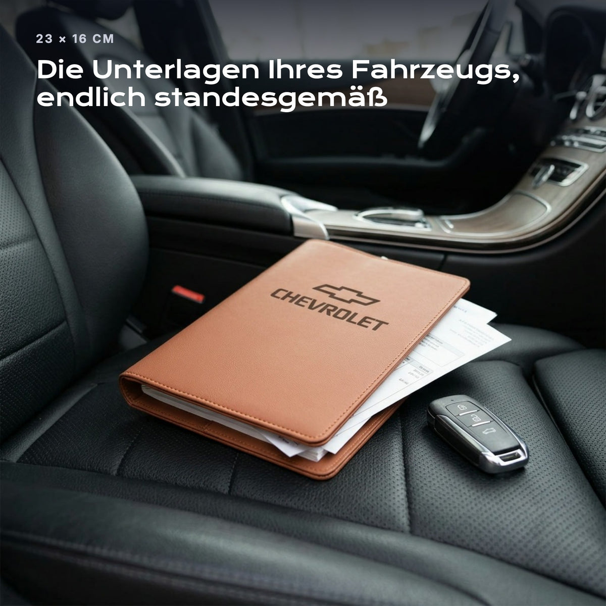 Fahrzeugmappe CHEVROLET auf einem Autositz, mit Rechnungen