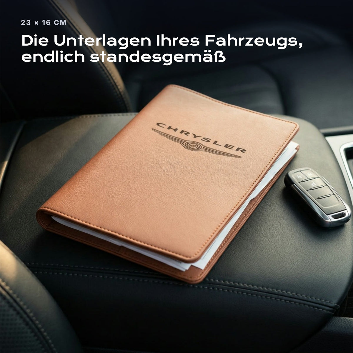 Fahrzeugmappe CHRYSLER auf einem Autositz, mit Rechnungen