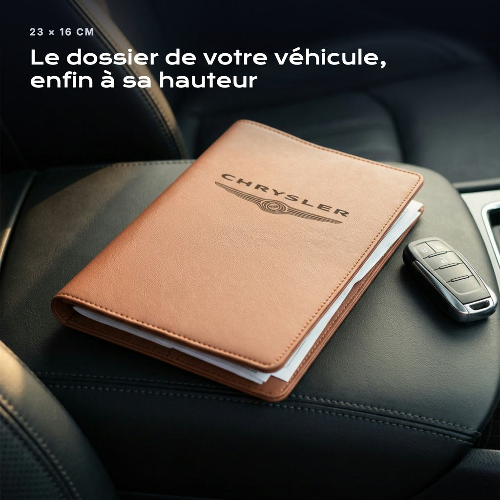 Porte-documents CHRYSLER posé sur un siège, avec des factures