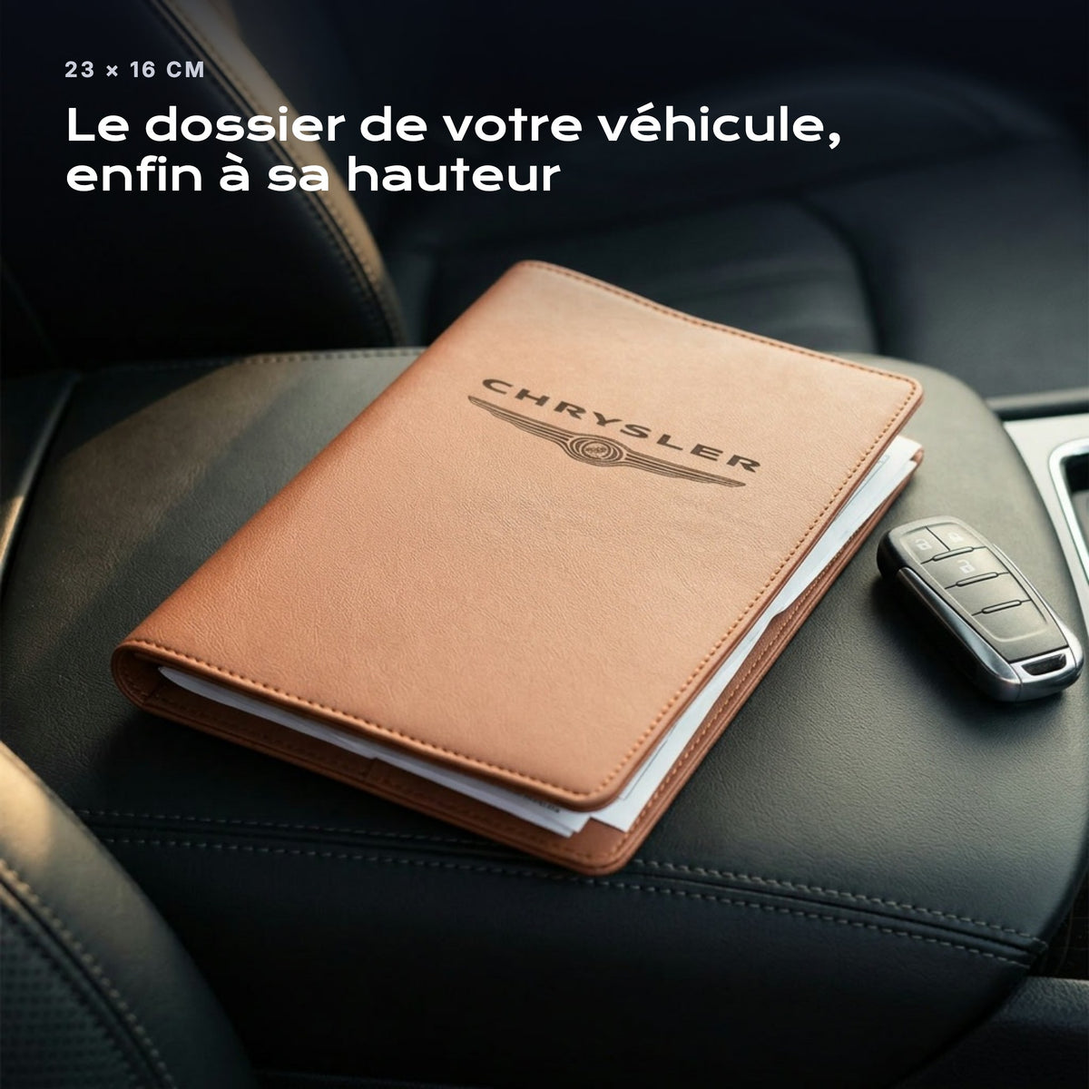 Porte-documents CHRYSLER posé sur un siège, avec des factures