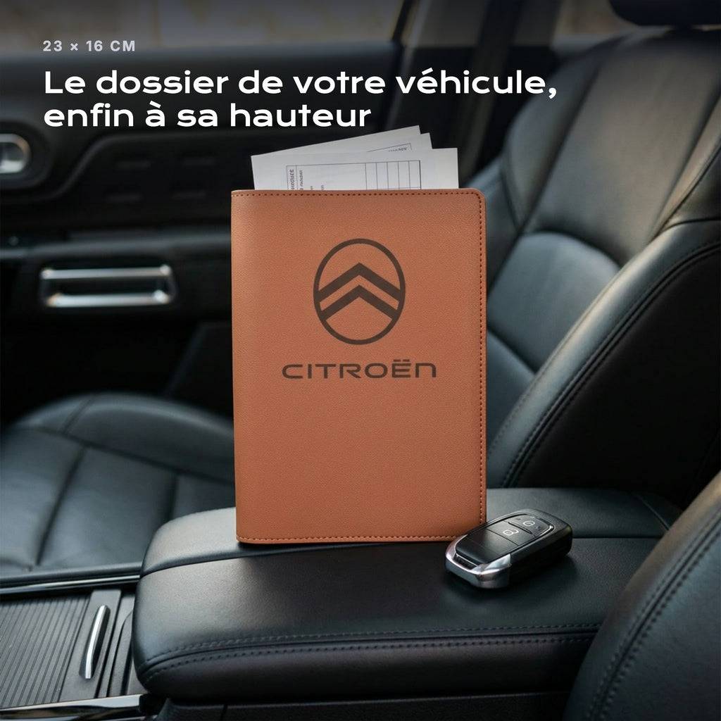Porte-documents CITROEN posé sur un siège, avec des factures