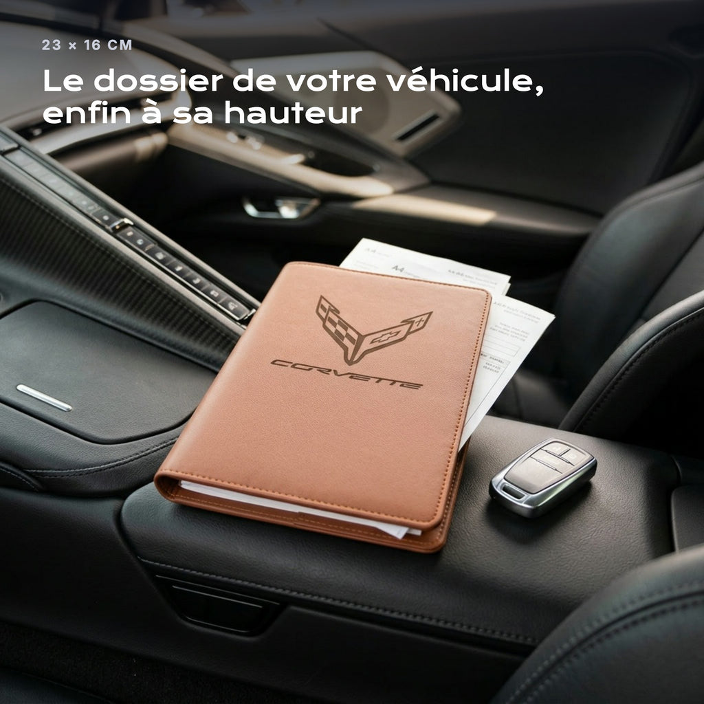 Porte-documents CORVETTE posé sur un siège, avec des factures